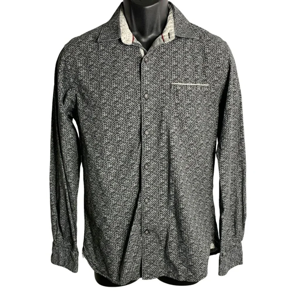 Across the Pond Button Up Long Sleeve Shirt S Black Chevron Stripe Chest Pocket - Picture 1 of 6